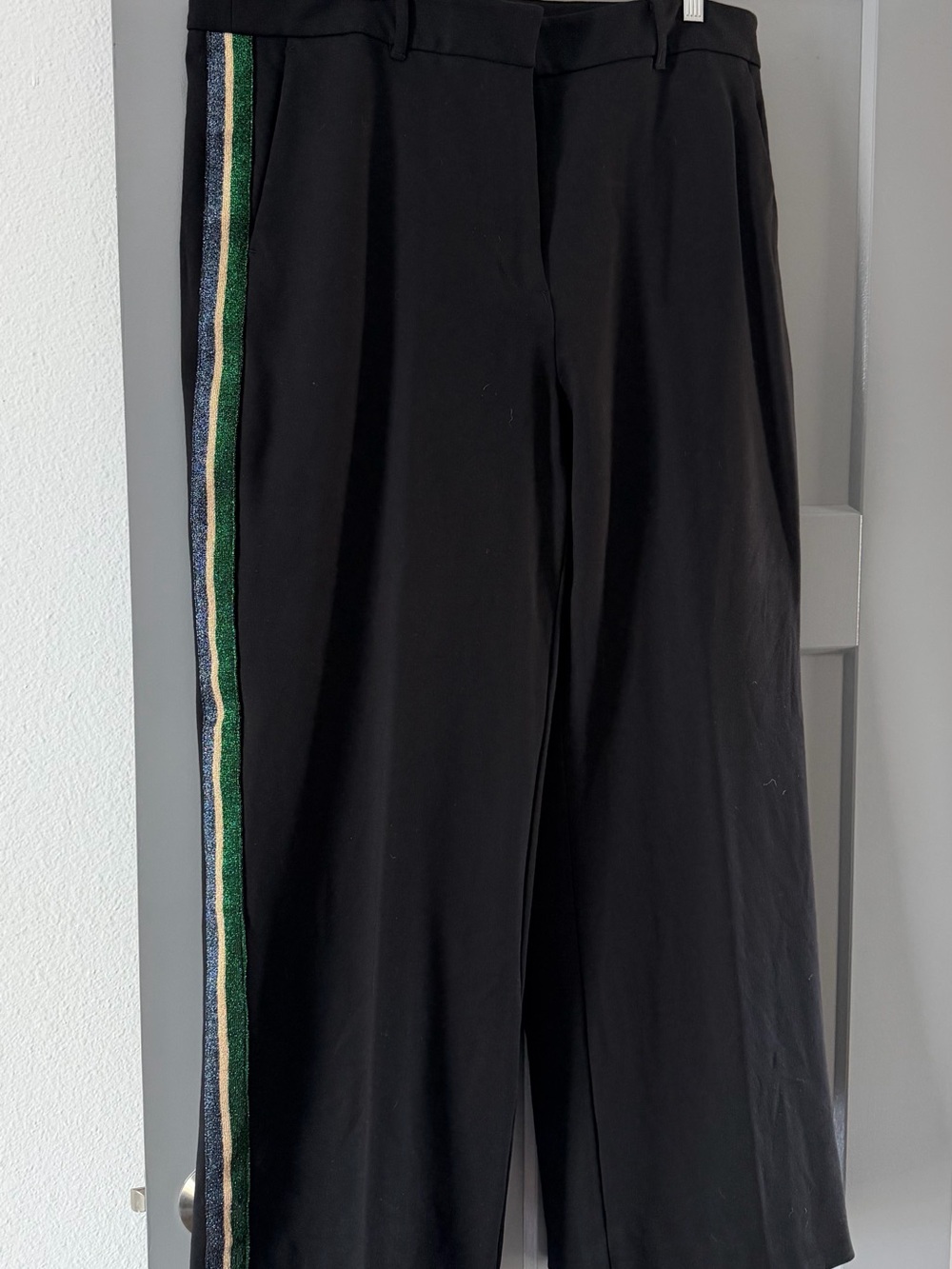 Boden Black Wide-Leg Pants with Green and Blue Side Stripes